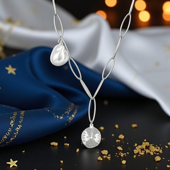 🆕️Elegant Trendy Stainless Steel Necklace Lustrous Chunky Faux Pearl Charm - Picture 7 of 10